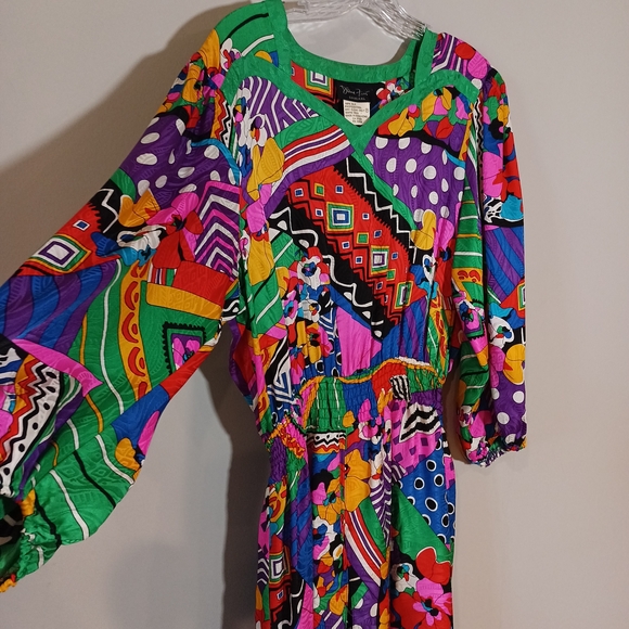 Diane Freis 1980 vintage silk Maxi dress in a bold abstract multicolored print L - Picture 4 of 6